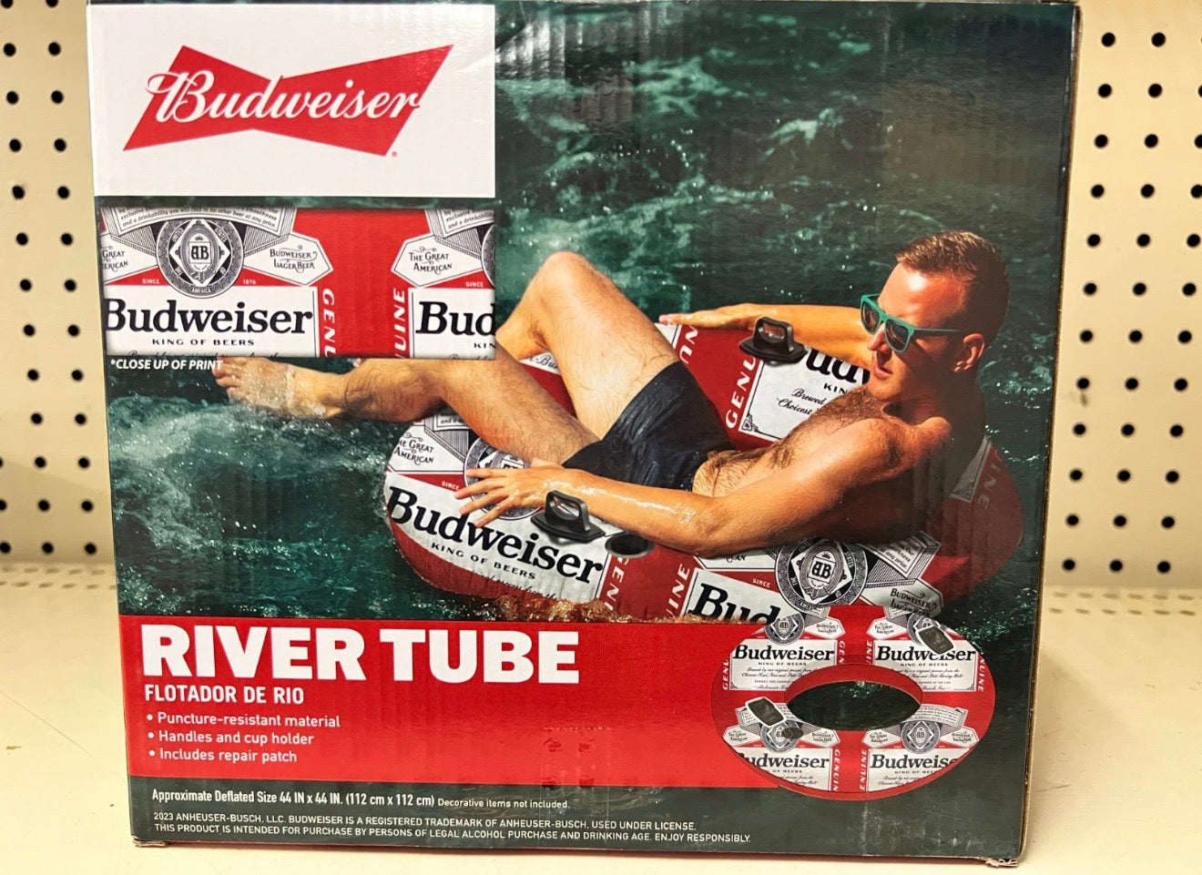 Budweiser Inflatable Swim Tube Adult Ring Float, Built-in Handles & Cup Holder