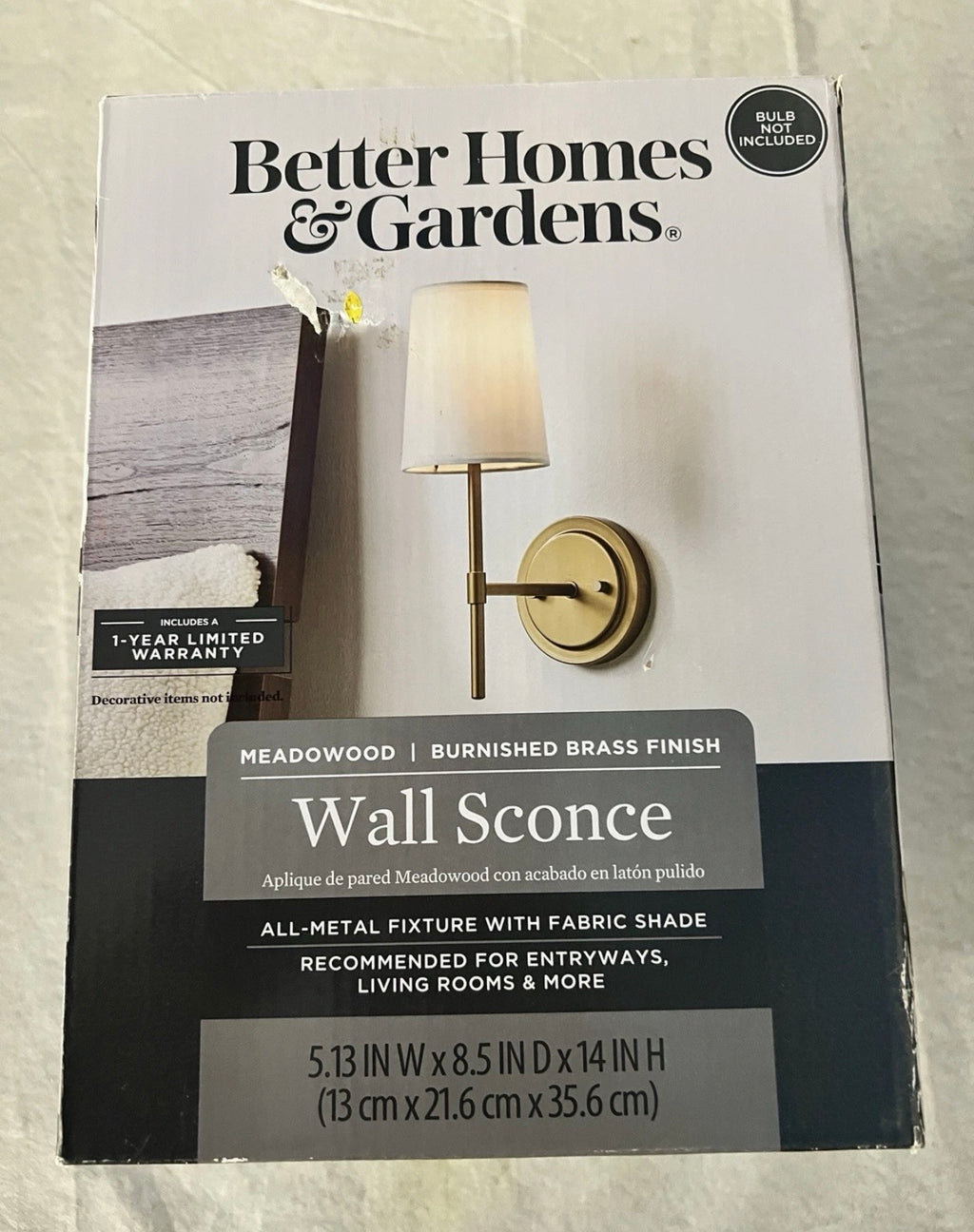 Better Homes & Gardens 1 Light Wall Sconce, Burnished Brass,White Fabric Shade