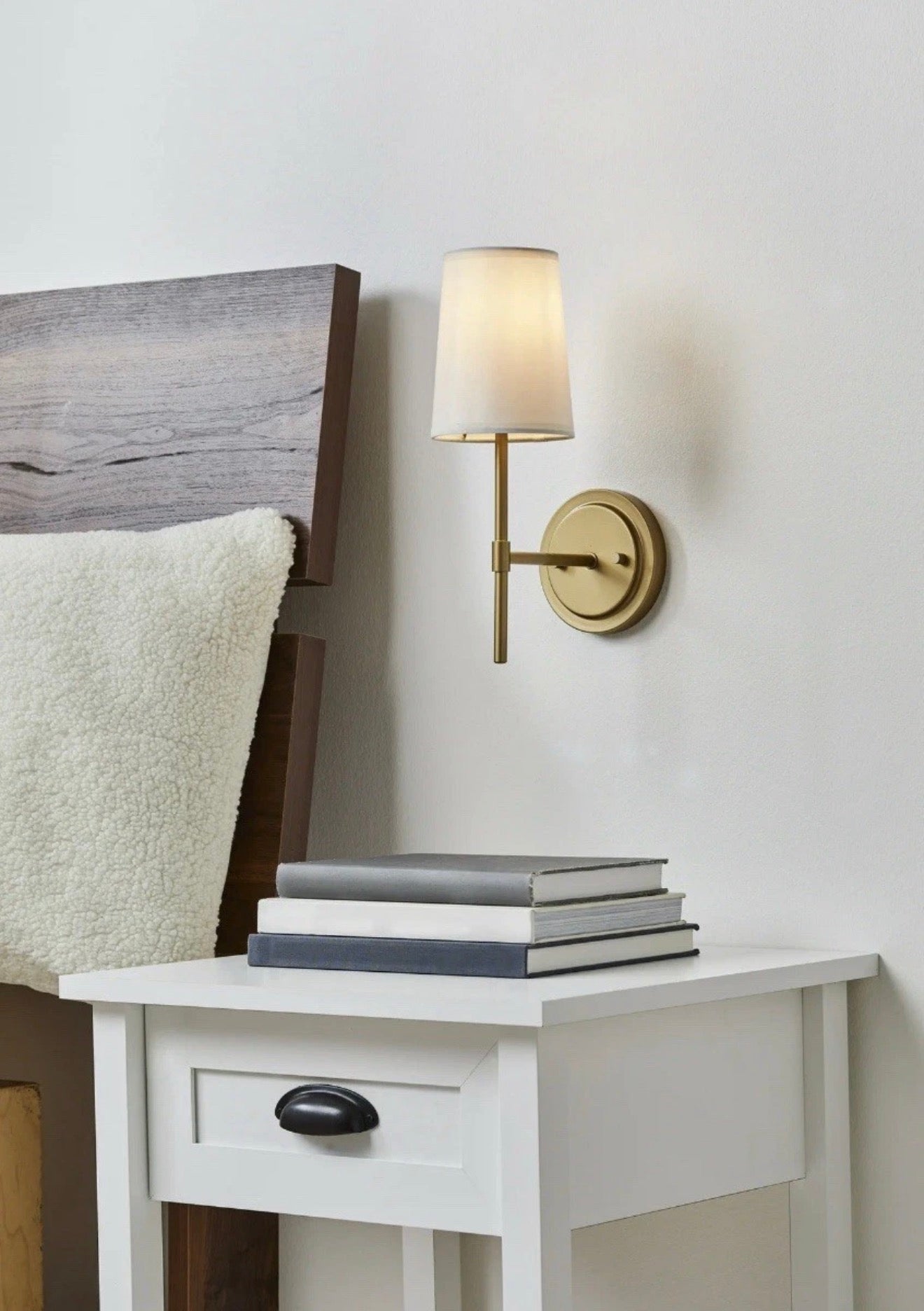Better Homes & Gardens 1 Light Wall Sconce, Burnished Brass,White Fabric Shade