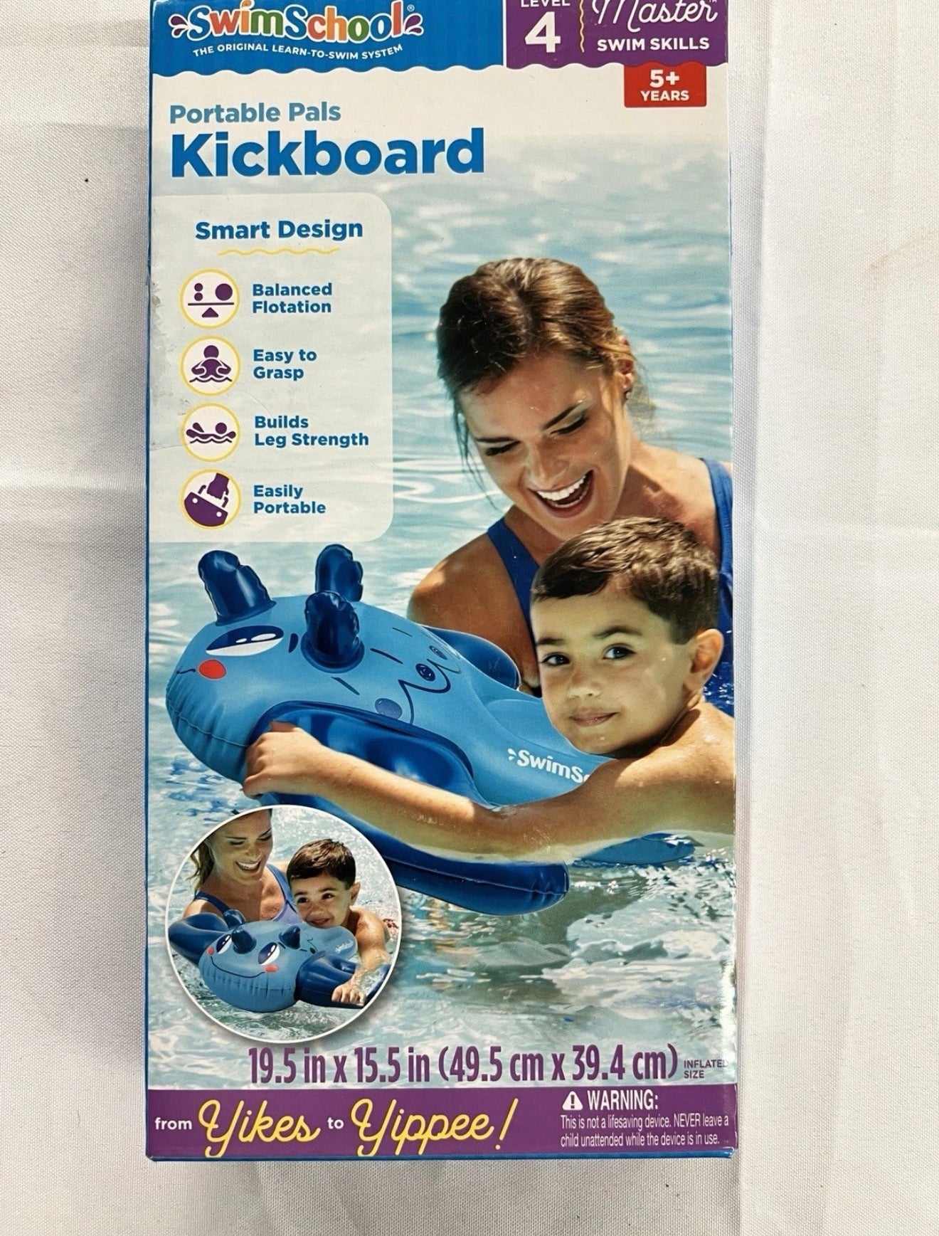 SwimSchool Inflatable Blue Dino Pool Float, Kids Swimming Kickboard,