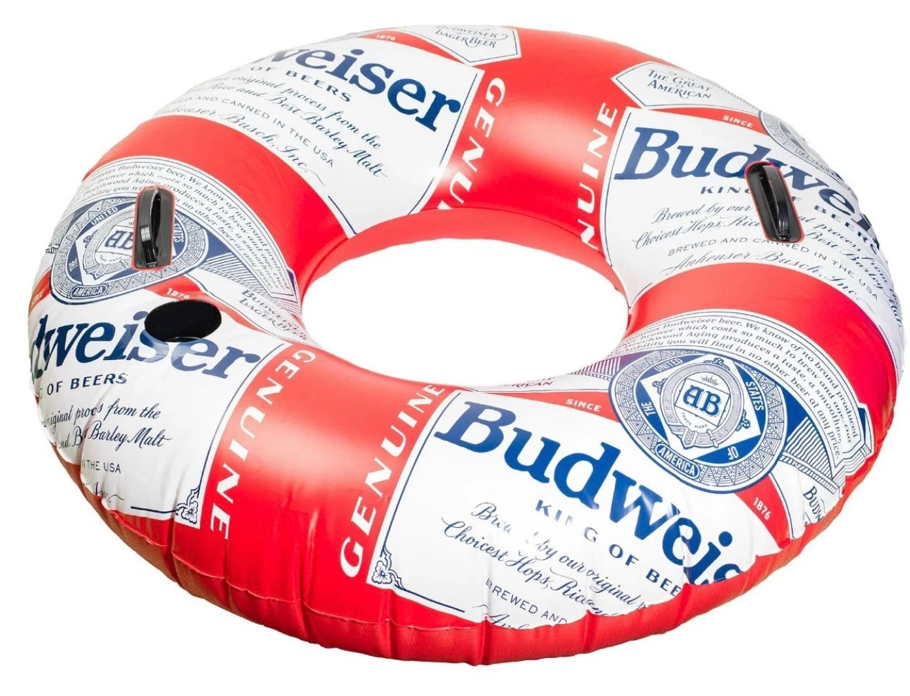 Budweiser Inflatable Swim Tube Adult Ring Float, Built-in Handles & Cup Holder
