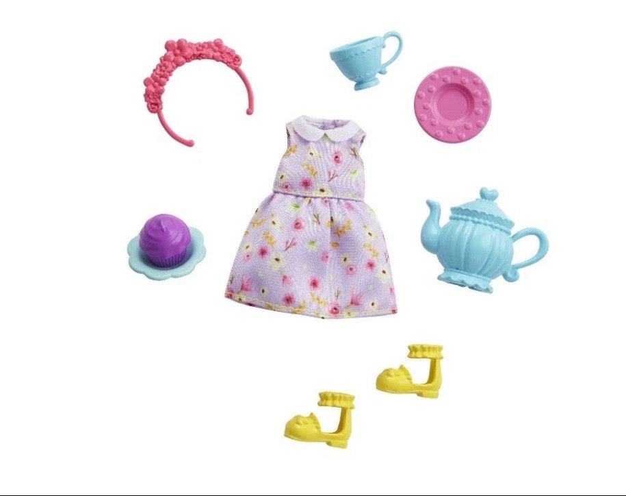 Barbie Chelsea Accessory Pack Tea Party Theme Purple Floral Dress Shoes & 5 PCS