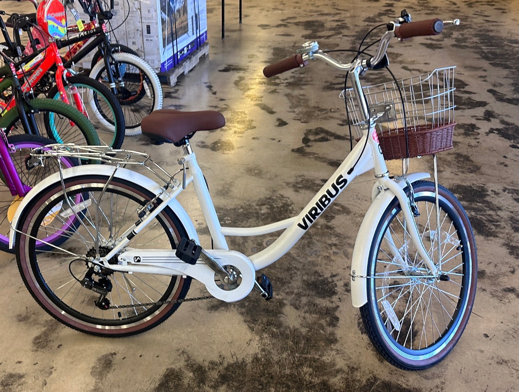 Viribus 24" Women's Cruiser Bike for Adults, 7-Speed Beach & City Bicycle with Basket Rack, White