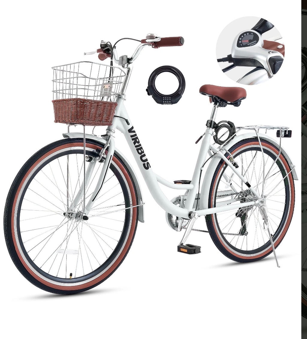 Viribus 24" Women's Cruiser Bike for Adults, 7-Speed Beach & City Bicycle with Basket Rack, White