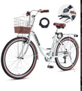 Viribus 24" Women's Cruiser Bike for Adults, 7-Speed Beach & City Bicycle with Basket Rack, White